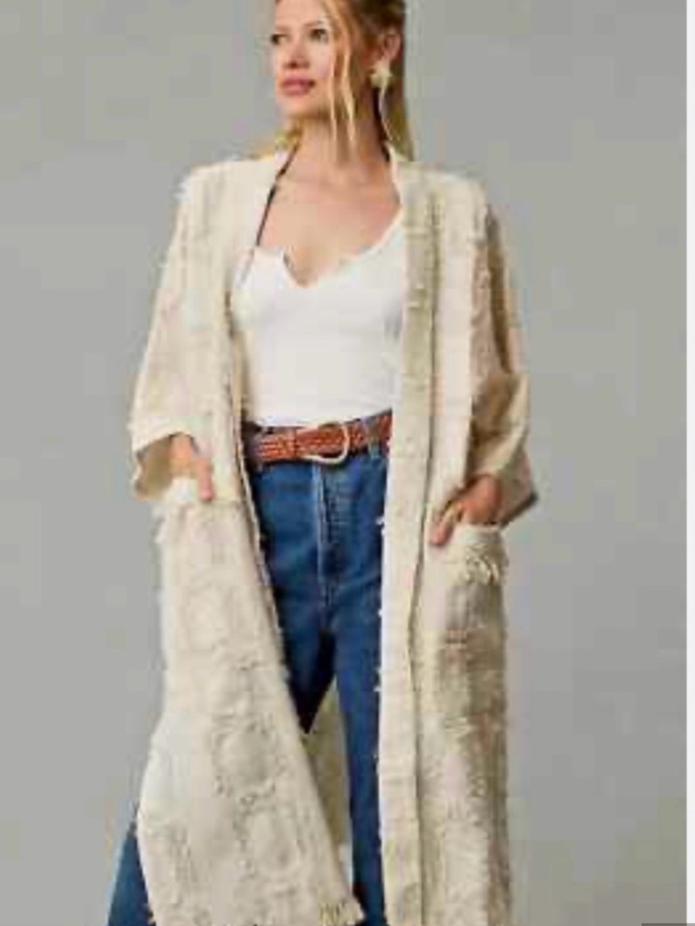 Anthropologie NWOT Cream Duster Textured Open Front Long Kimono Cardigan